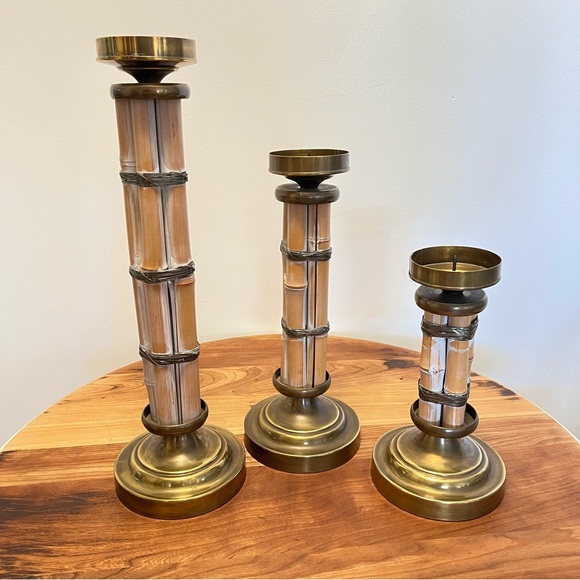 3 VTG Bamboo and Brass Tall Candle Holder in the style of Gabriella Crespi - Picture 3 of 6